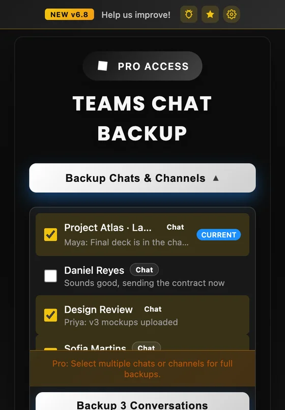 The extension popup with three Teams chats selected for backup