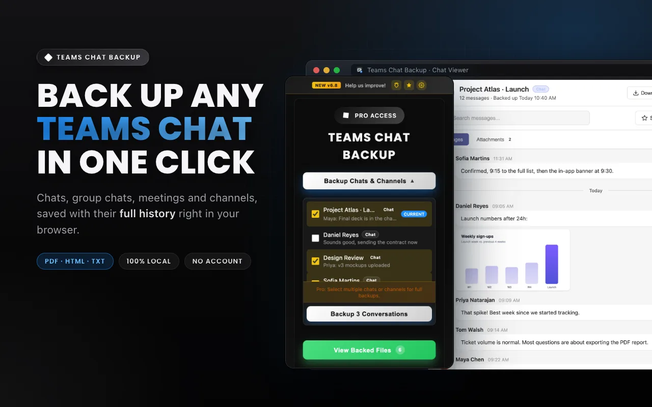 Choosing Teams chats to back up in the extension popup