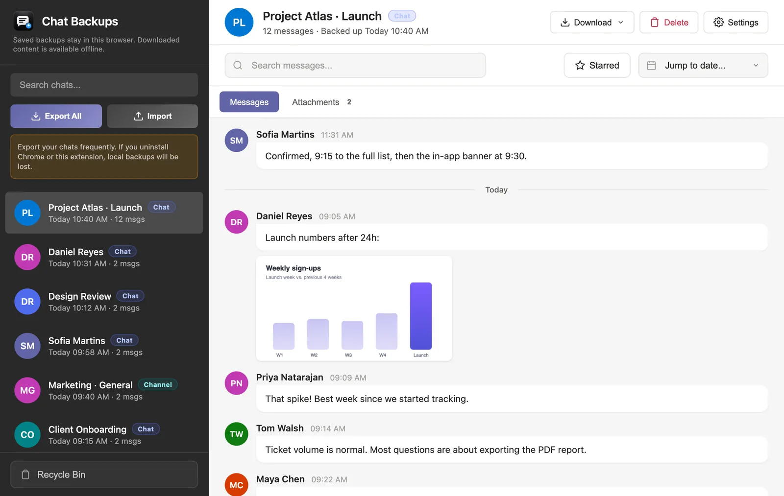 The Teams Chat Backup viewer showing a backed-up Teams group chat with messages, dates and an image